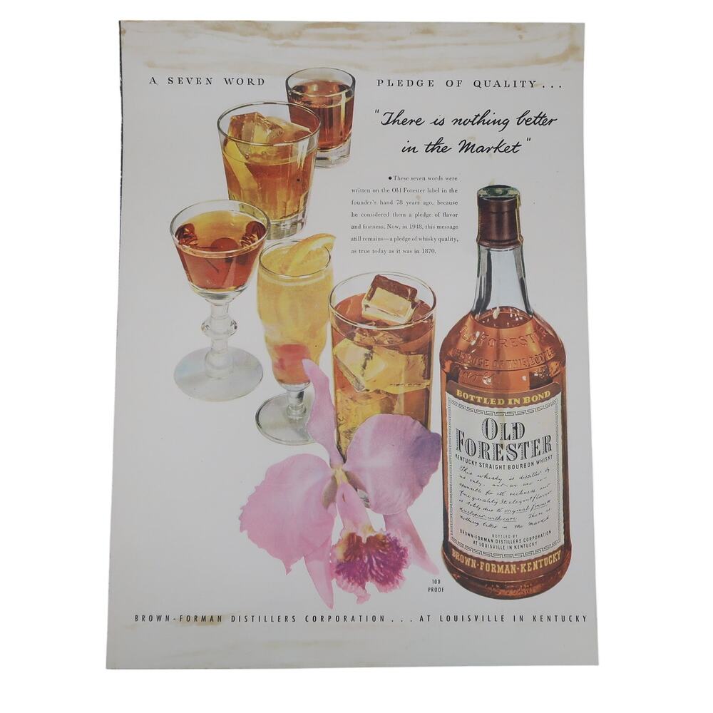 Old Forester Straight Bourbon Whisky Magazine Advertisement 1940s Color Vintage